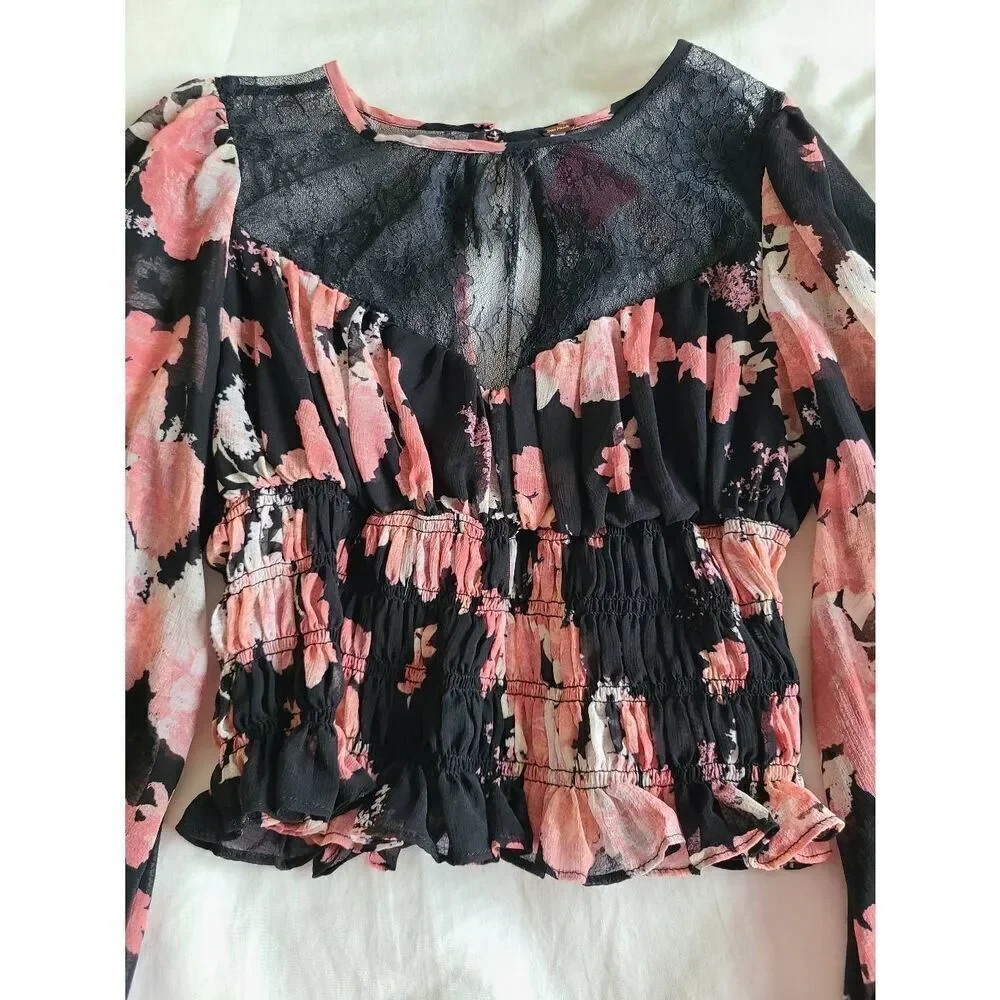 Free People Womens Sheer Embroidered Lace Daphne Blouse Midnight Combo Small NWT